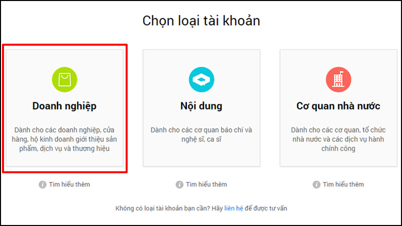 Chọn loại tài khoản Official Account Doanh Nghiệp